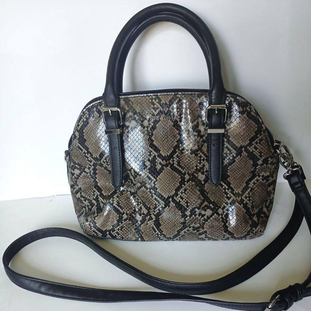 Nine West Snake Print Satchel Crossbody Handbag Black Gray Faux Leather Purse